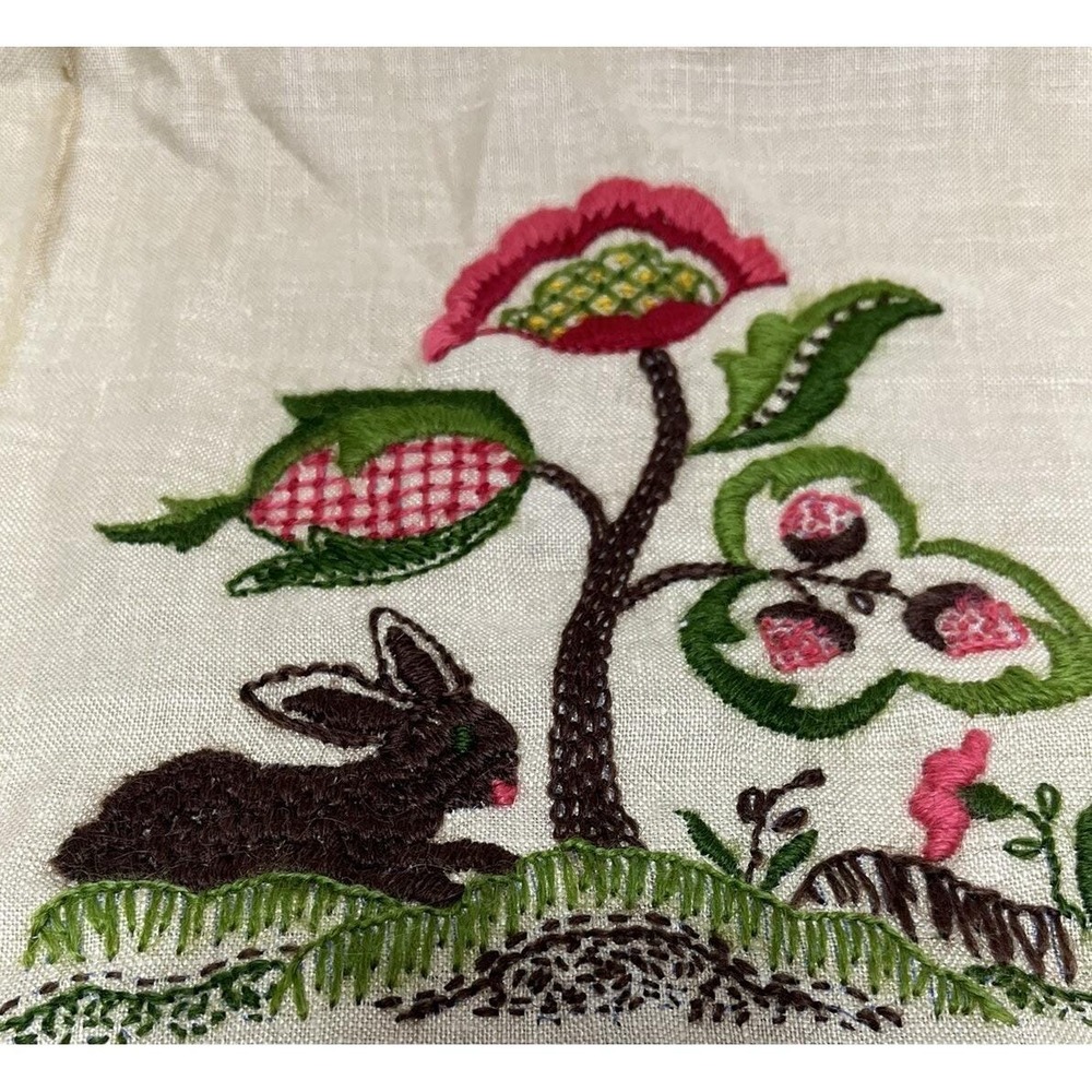 Bunny Floral Crewel Linen Boho Paragon Needlecraft Rabbit VTG MCM